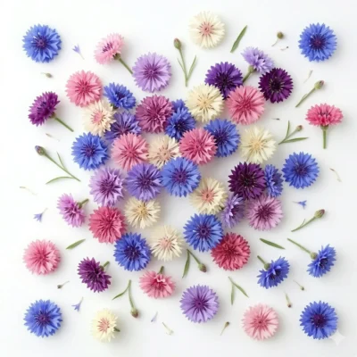 Image générée par l'IA représentant des fleurs comestibles de Bleuet « Polka Dot », illustrant leur potentiel décoratif et leur attrait visuel dans une présentation culinaire moderne.