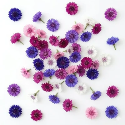 Image générée par l'IA représentant des fleurs comestibles de bleuet « Double Mixed », illustrant leur potentiel décoratif et leur attrait visuel dans une présentation culinaire moderne.