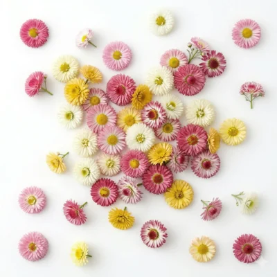 Image générée par l'IA représentant des fleurs comestibles de Daisy Monstrosa aux pétales aux couleurs vives et stylisées, illustrant leur potentiel décoratif et leur attrait visuel dans une présentation culinaire moderne.