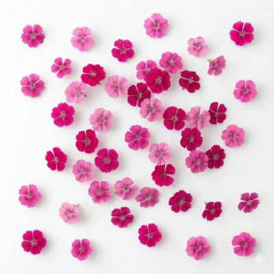 Image générée par l'IA représentant des fleurs comestibles « Maiden Pink », illustrant leur potentiel décoratif et leur attrait visuel dans une présentation culinaire moderne.