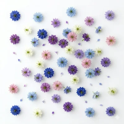 Image générée par l'IA représentant des fleurs comestibles de Nigella damascena, illustrant leur potentiel décoratif et leur attrait visuel dans une présentation culinaire moderne.